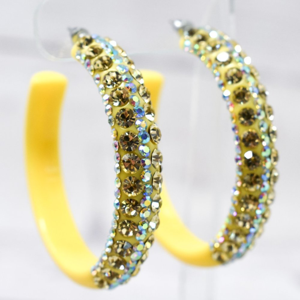 2.5" Yellow Lucite 5 Row Rhinestone Hoop Earrings